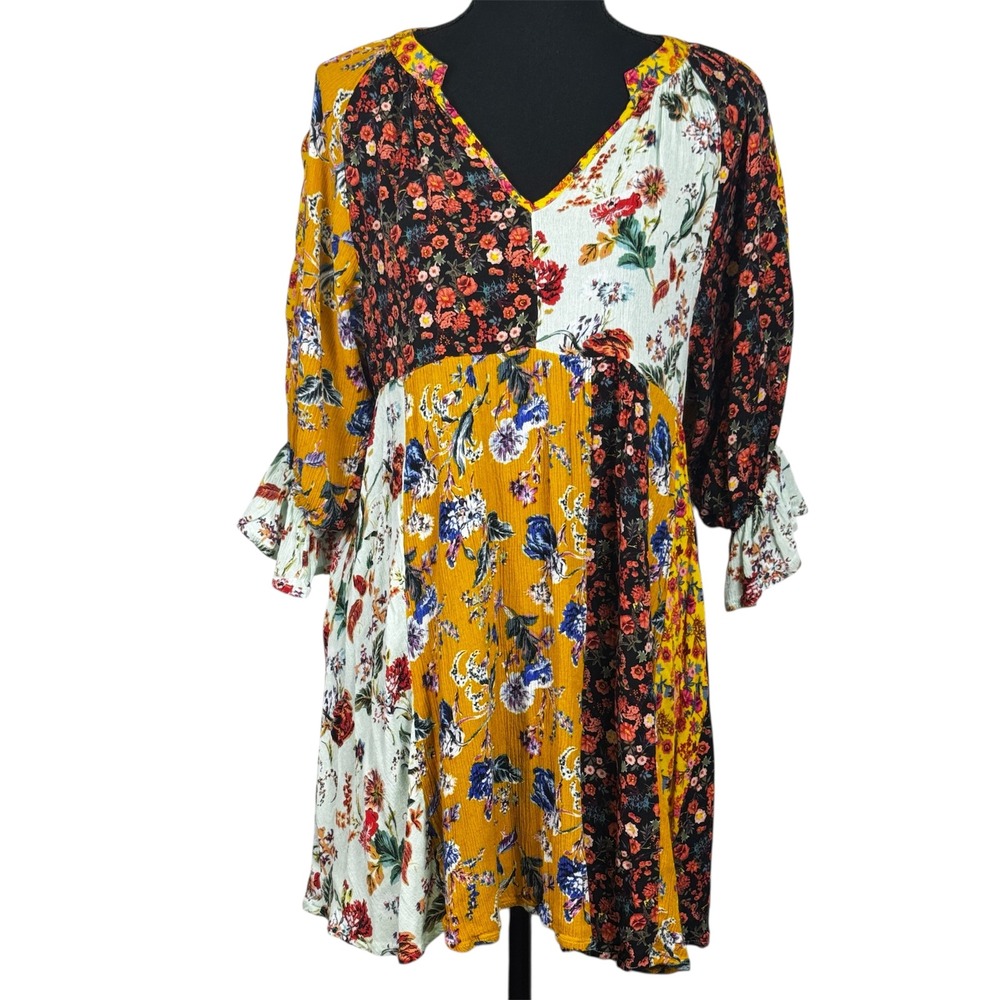 Umgee Floral Print Dress Bohemian Patchwork Peasant Mini Dress Size‎ S